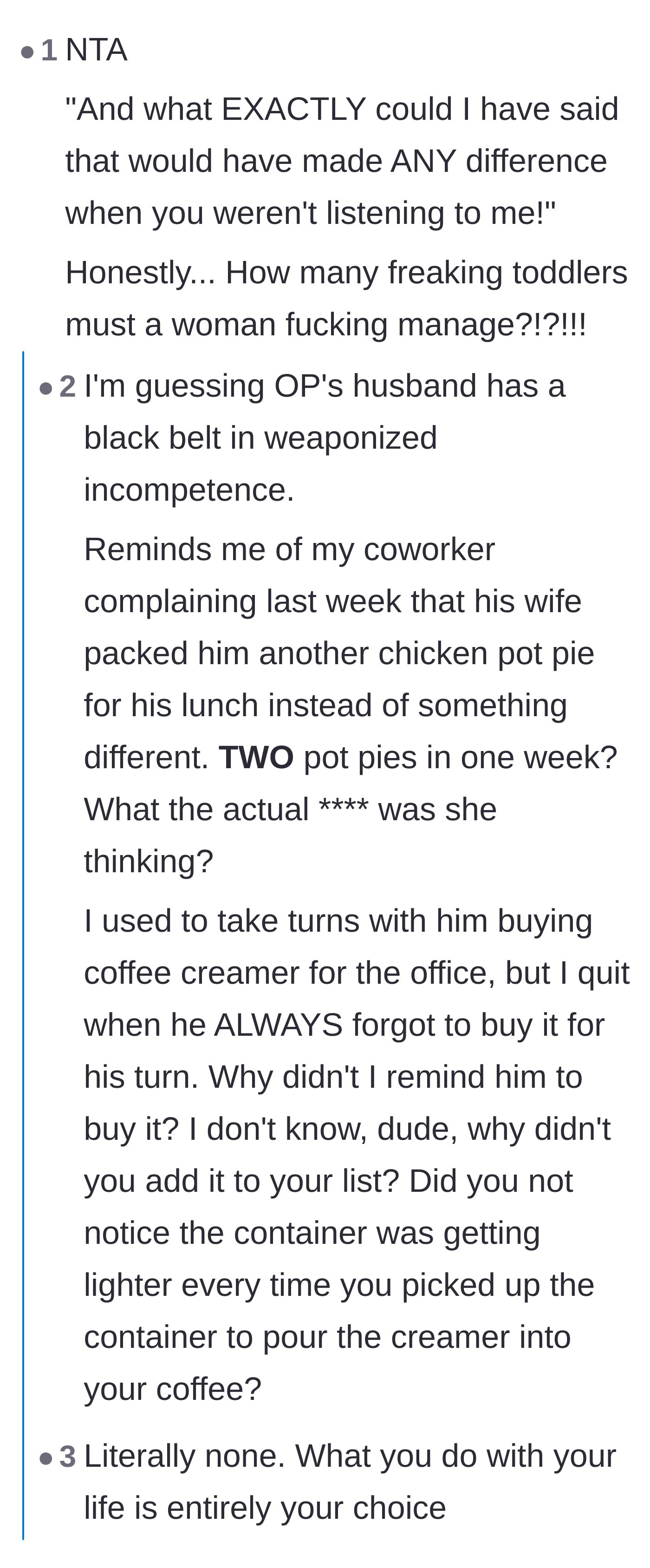 Comment thread 5 - Readers sharing hilarious and frustrating anecdotes about weaponized incompetence in men.