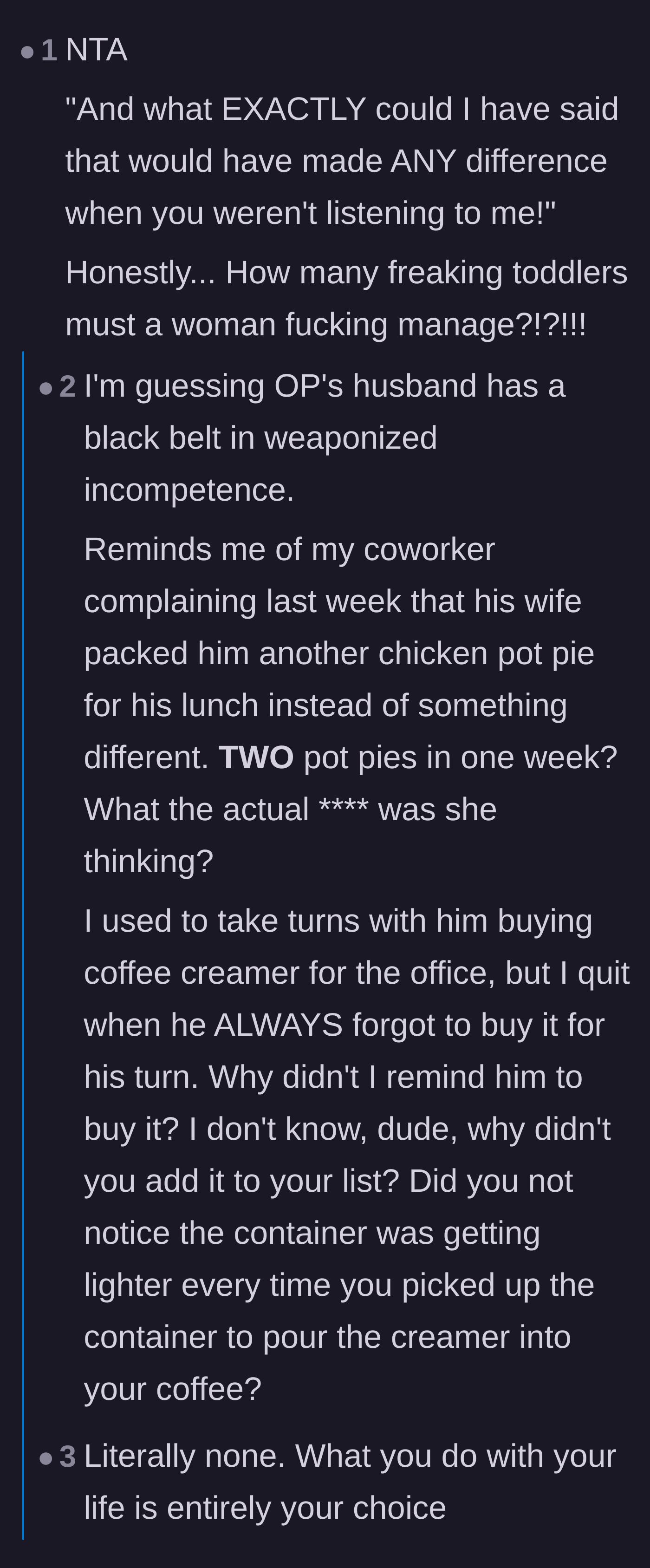 Comment thread 5 - Readers sharing hilarious and frustrating anecdotes about weaponized incompetence in men.