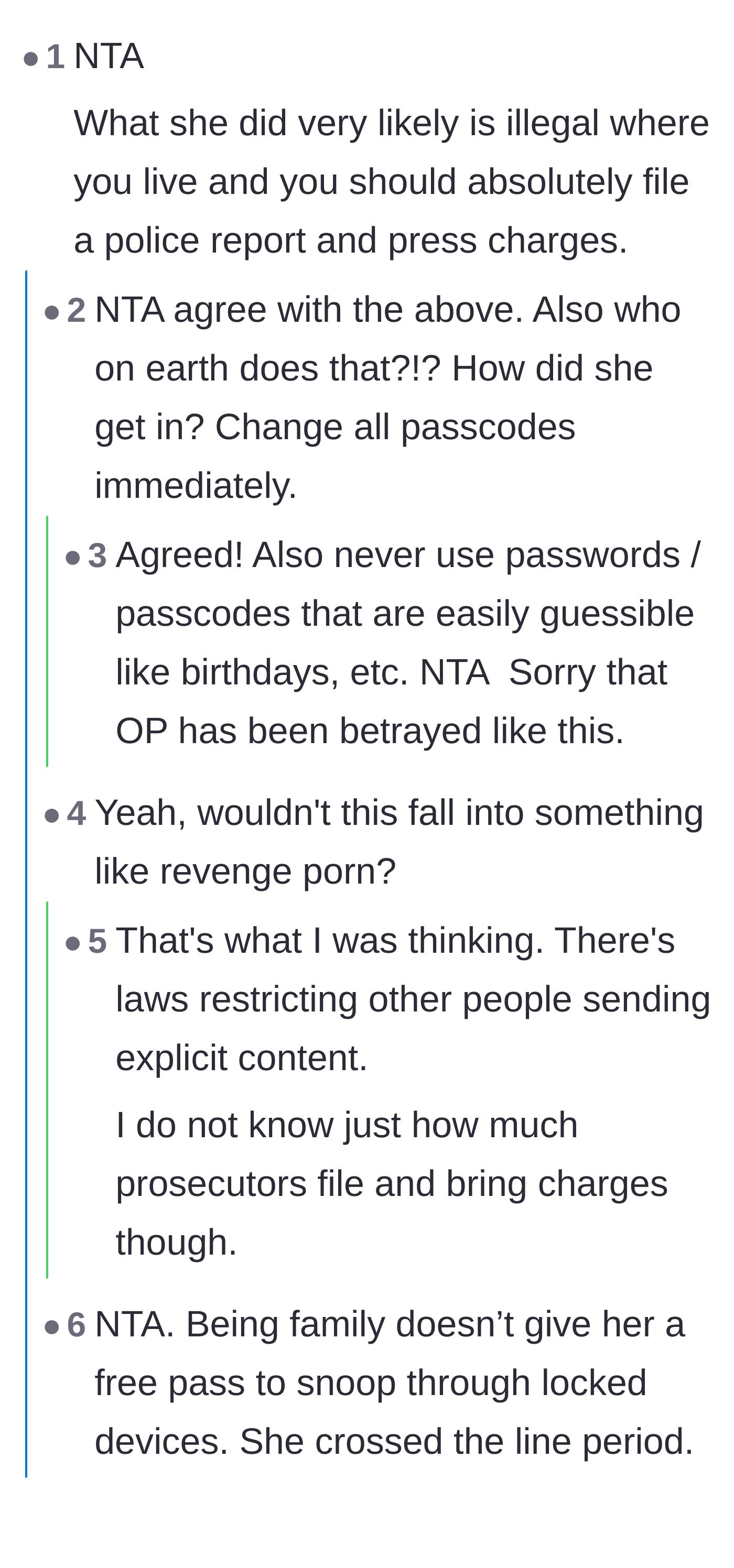 Comment thread 1 - Advice on the illegality of the snooping and treating it as a privacy violation or revenge porn.