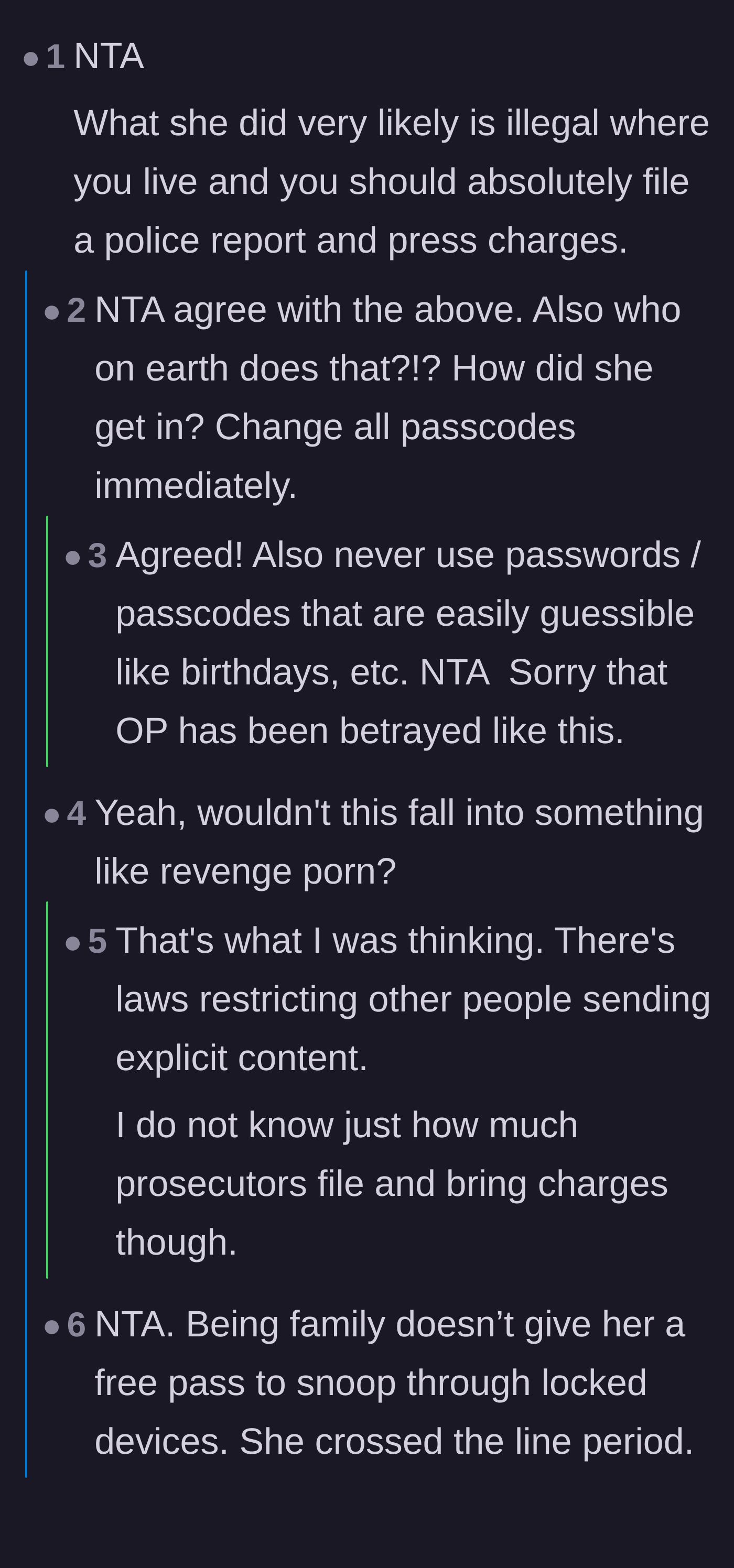 Comment thread 1 - Advice on the illegality of the snooping and treating it as a privacy violation or revenge porn.
