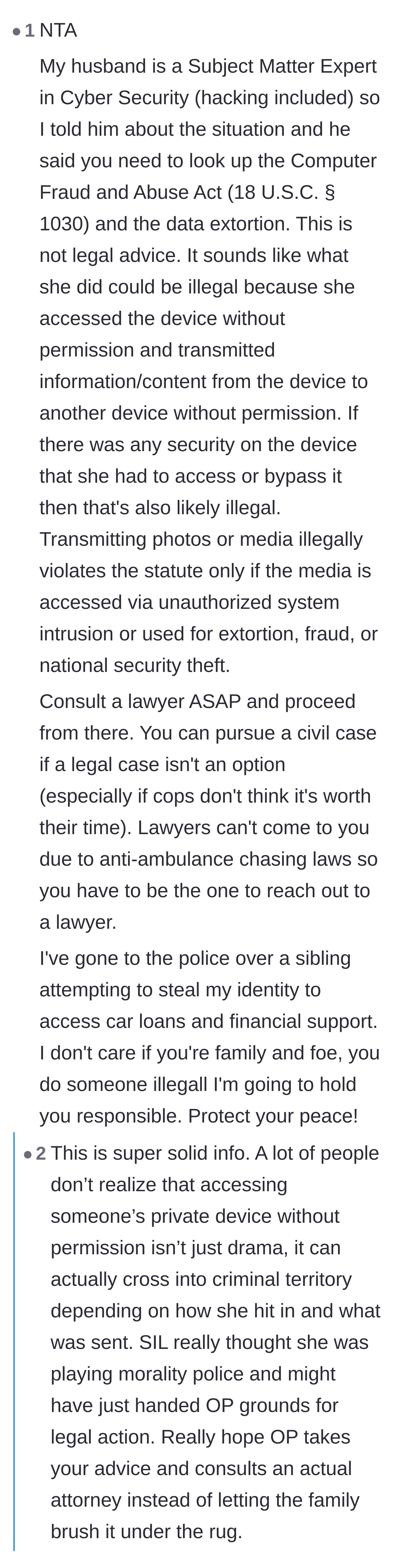 Comment thread 4 - A cybersecurity expert's spouse providing specific legal statutes and advice on hiring a lawyer.