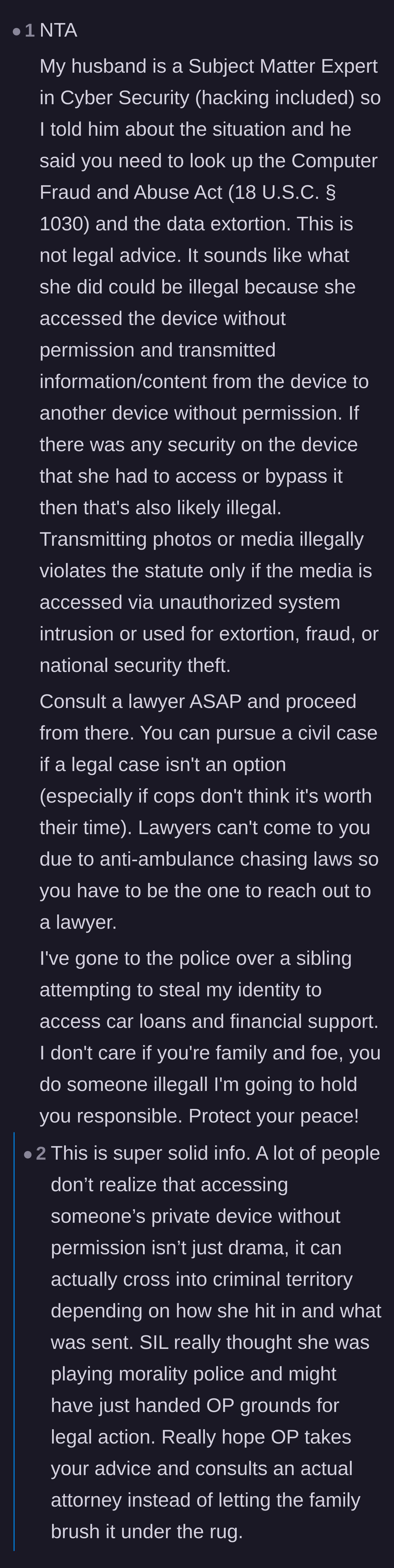Comment thread 4 - A cybersecurity expert's spouse providing specific legal statutes and advice on hiring a lawyer.