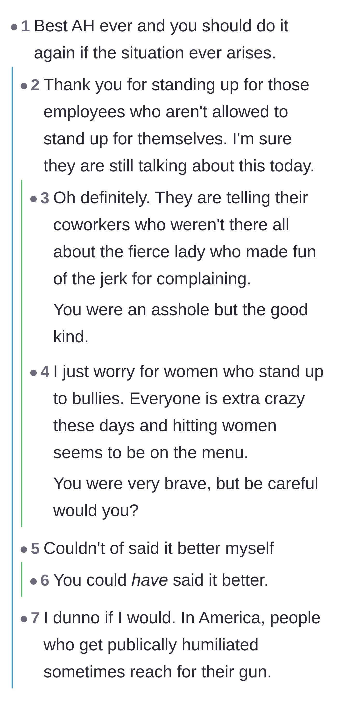 Comment thread 1 - Readers debating the merits of playing the villain to defend helpless service workers.
