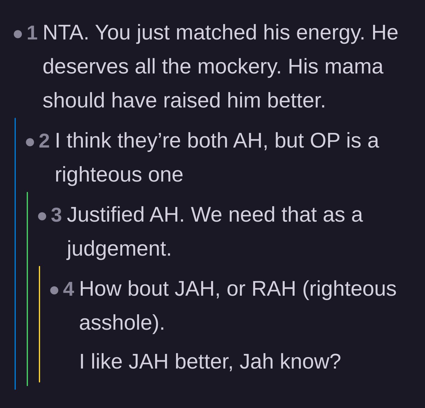 Comment thread 3 - Users playfully petitioning for a brand new moral category to judge justified bad behavior.