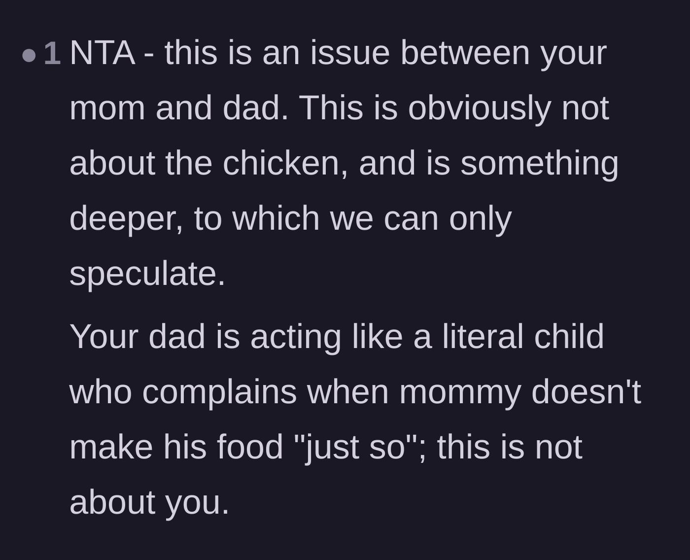 Comment thread 1 - Discussing how the chicken is just a proxy for the father's deeper emotional immaturity.