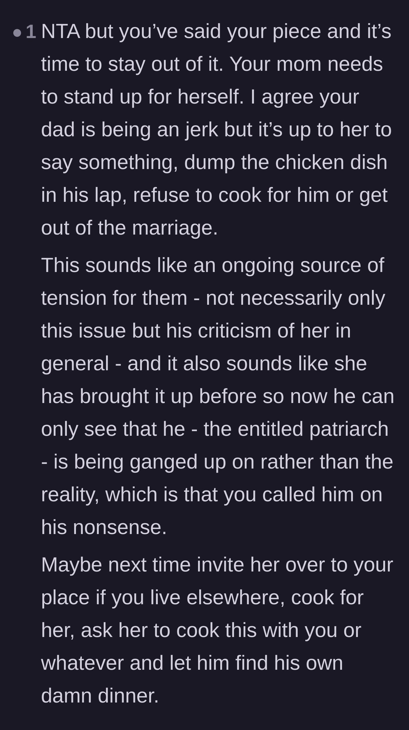 Comment thread 3 - Advising the adult child to step back and let the mother defend herself or leave.