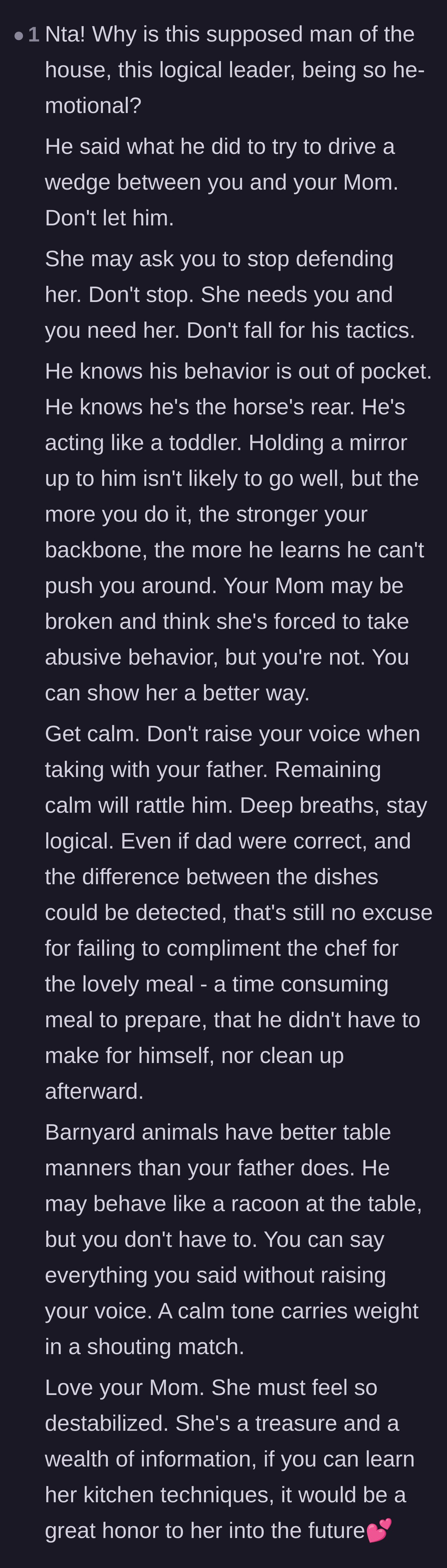 Comment thread 5 - Encouraging the main character to remain calm while continuing to fiercely defend their mother.