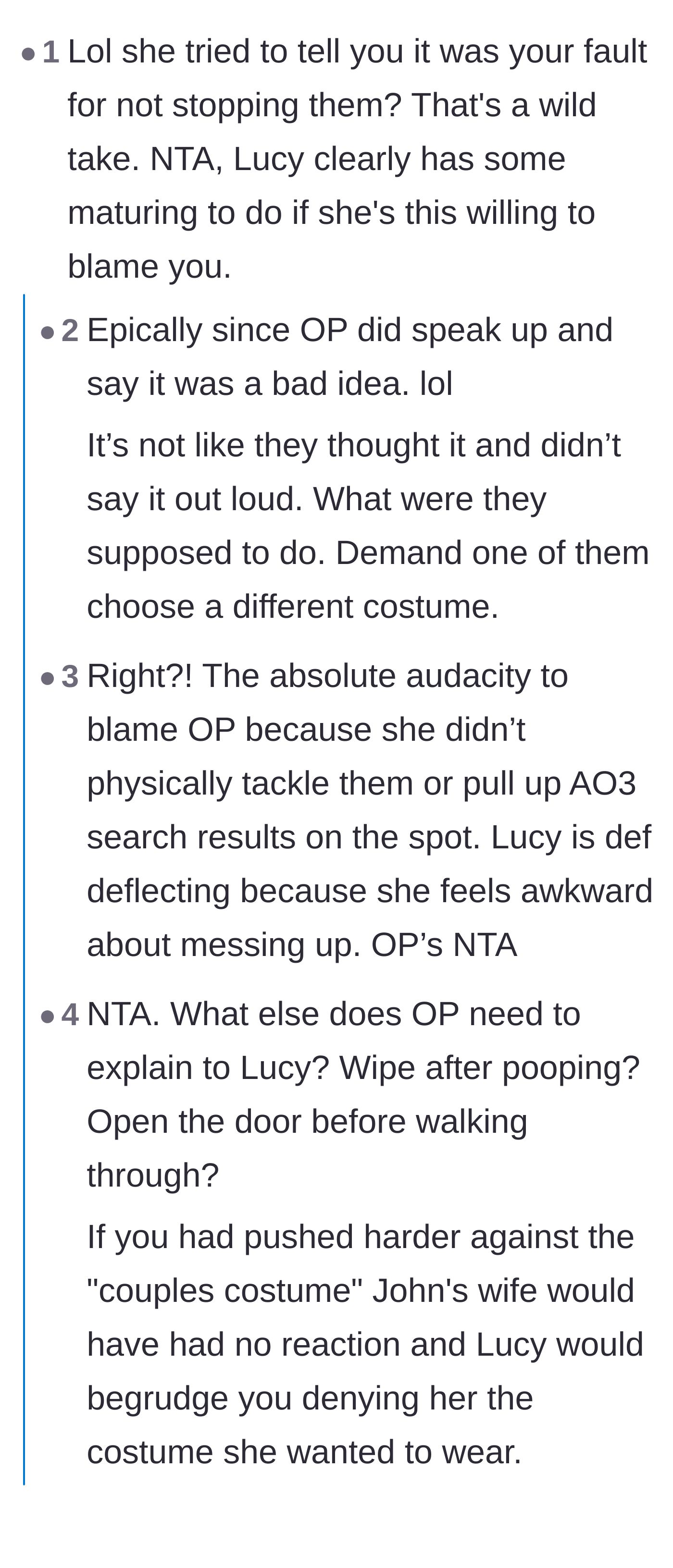 Comment thread 1 - Readers mocking the idea that OP should have physically stopped her coworkers from wearing matching costumes