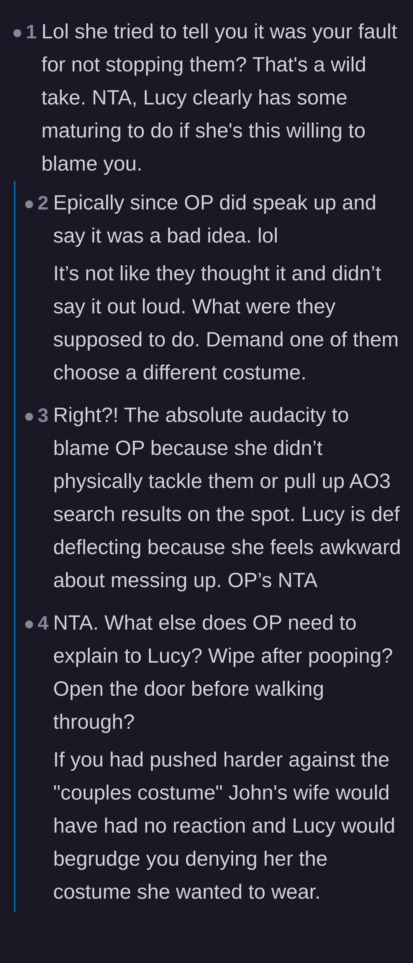 Comment thread 1 - Readers mocking the idea that OP should have physically stopped her coworkers from wearing matching costumes
