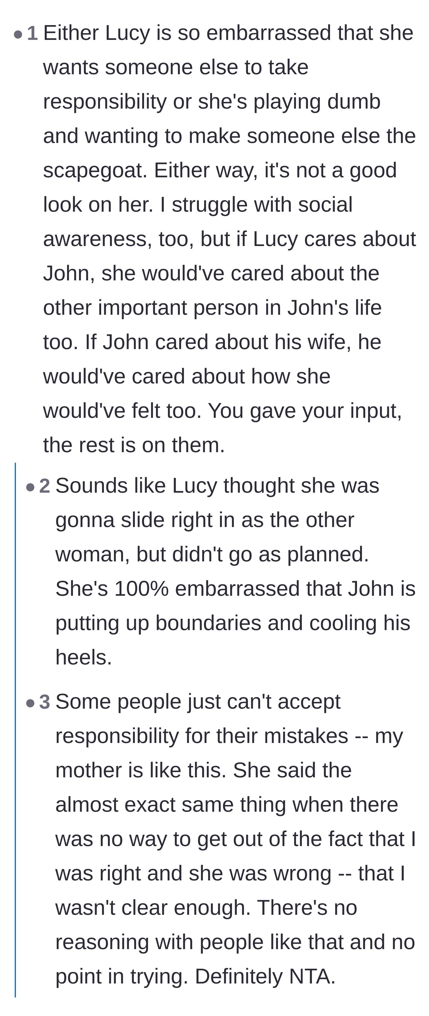 Comment thread 3 - Analyzing Lucy's true motives and embarrassment after John chose his wife