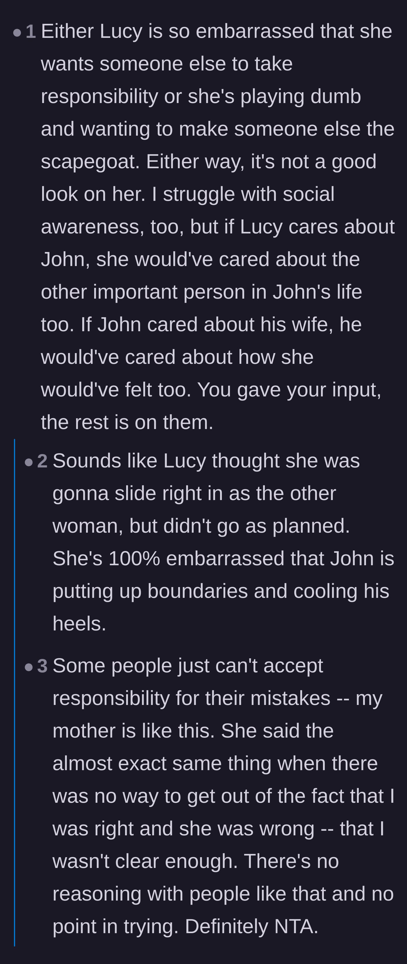 Comment thread 3 - Analyzing Lucy's true motives and embarrassment after John chose his wife