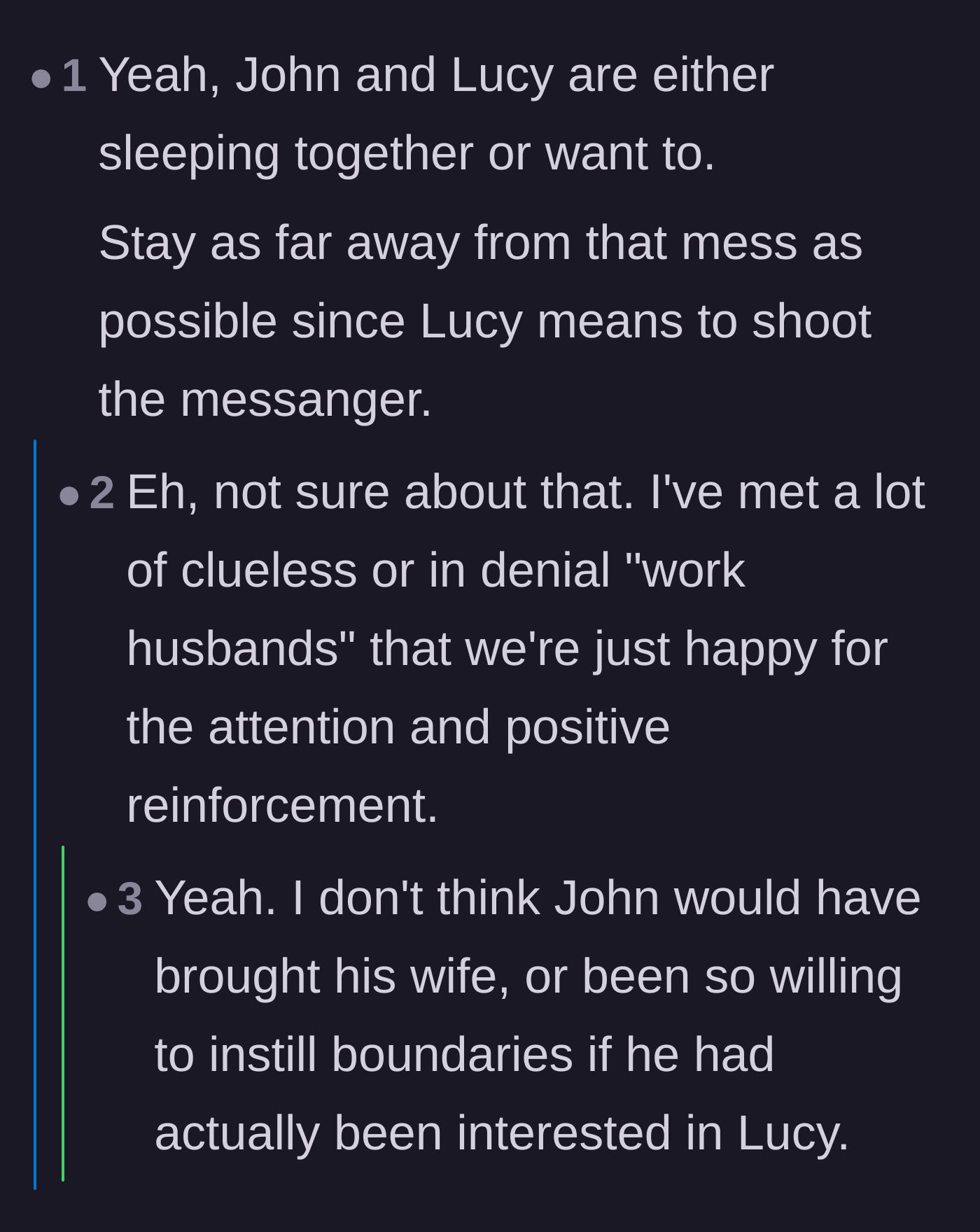 Comment thread 5 - Debating whether the coworkers are having an affair or if John just liked the attention