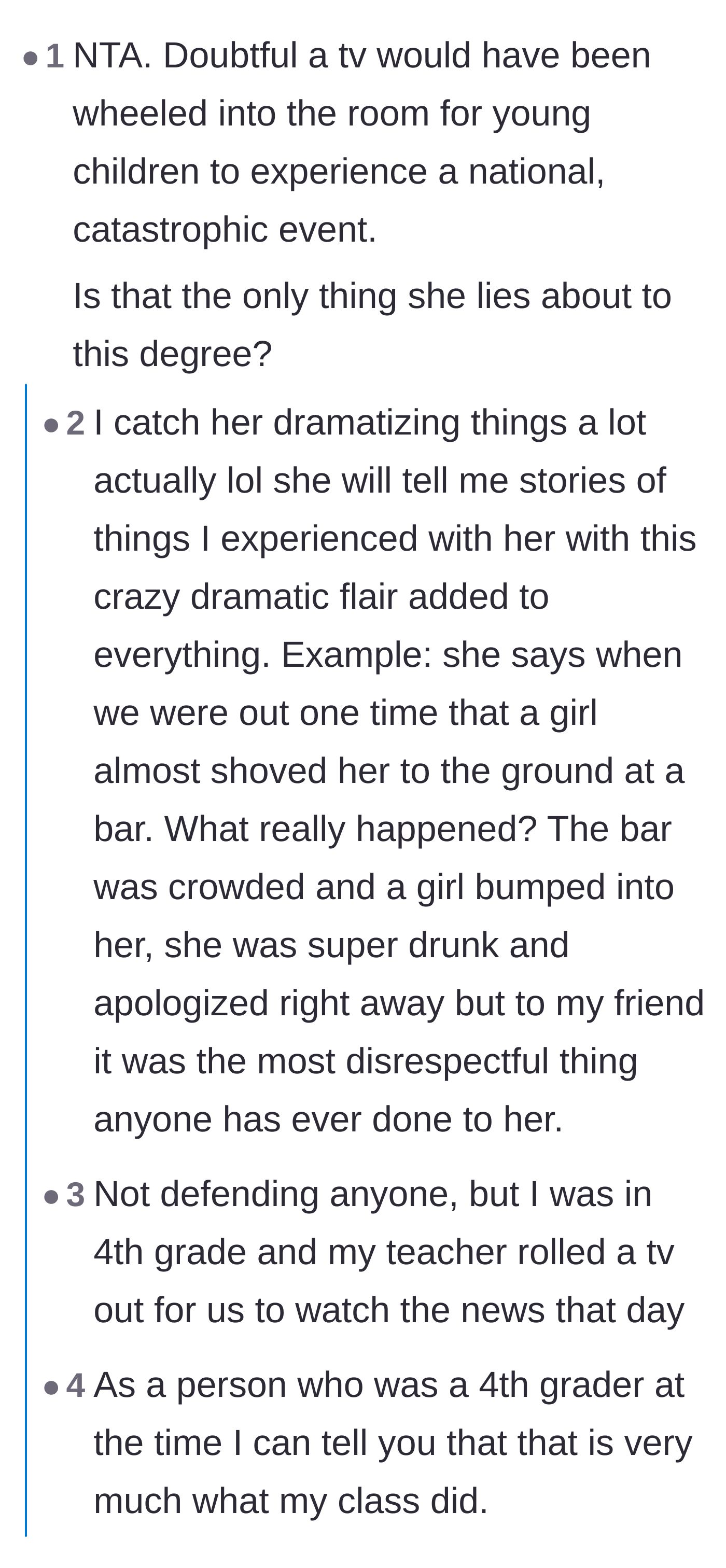 Comment thread 2 - Commenters debating the difference between playfully dramatizing a story and flat-out lying for attention.