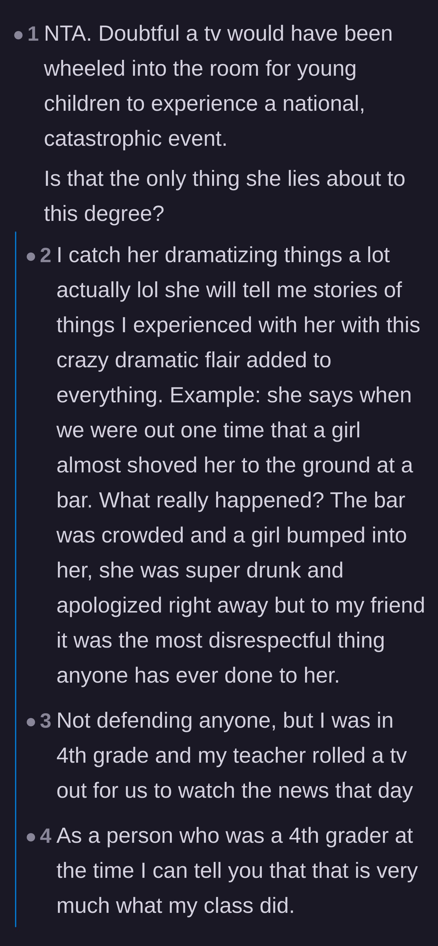 Comment thread 2 - Commenters debating the difference between playfully dramatizing a story and flat-out lying for attention.