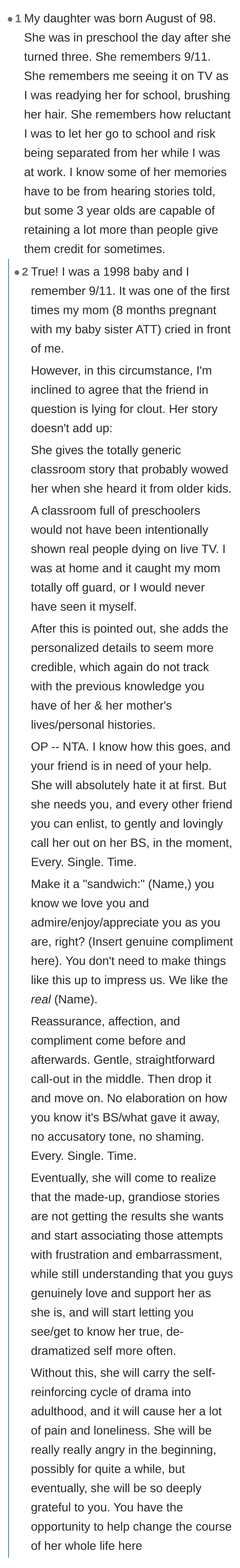 Comment thread 5 - A reader offering brilliant advice on using the sandwich feedback method to gently correct a compulsive liar.
