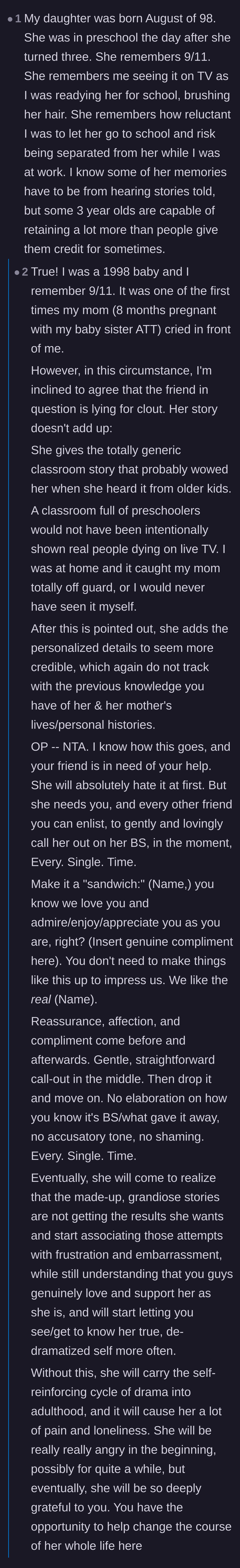 Comment thread 5 - A reader offering brilliant advice on using the sandwich feedback method to gently correct a compulsive liar.