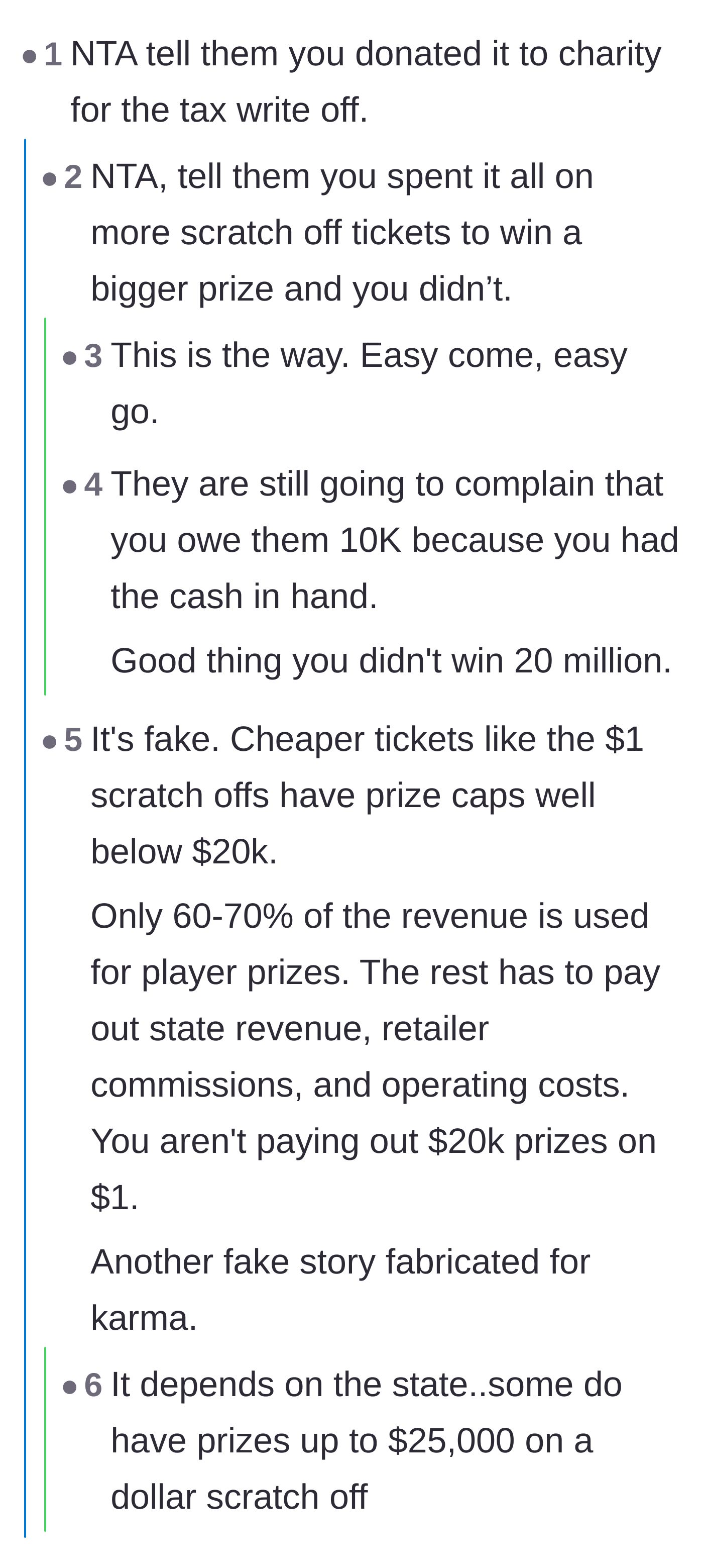 Comment thread 1 - Readers advise the author to lie and say he blew all the winnings on more tickets or donated it.