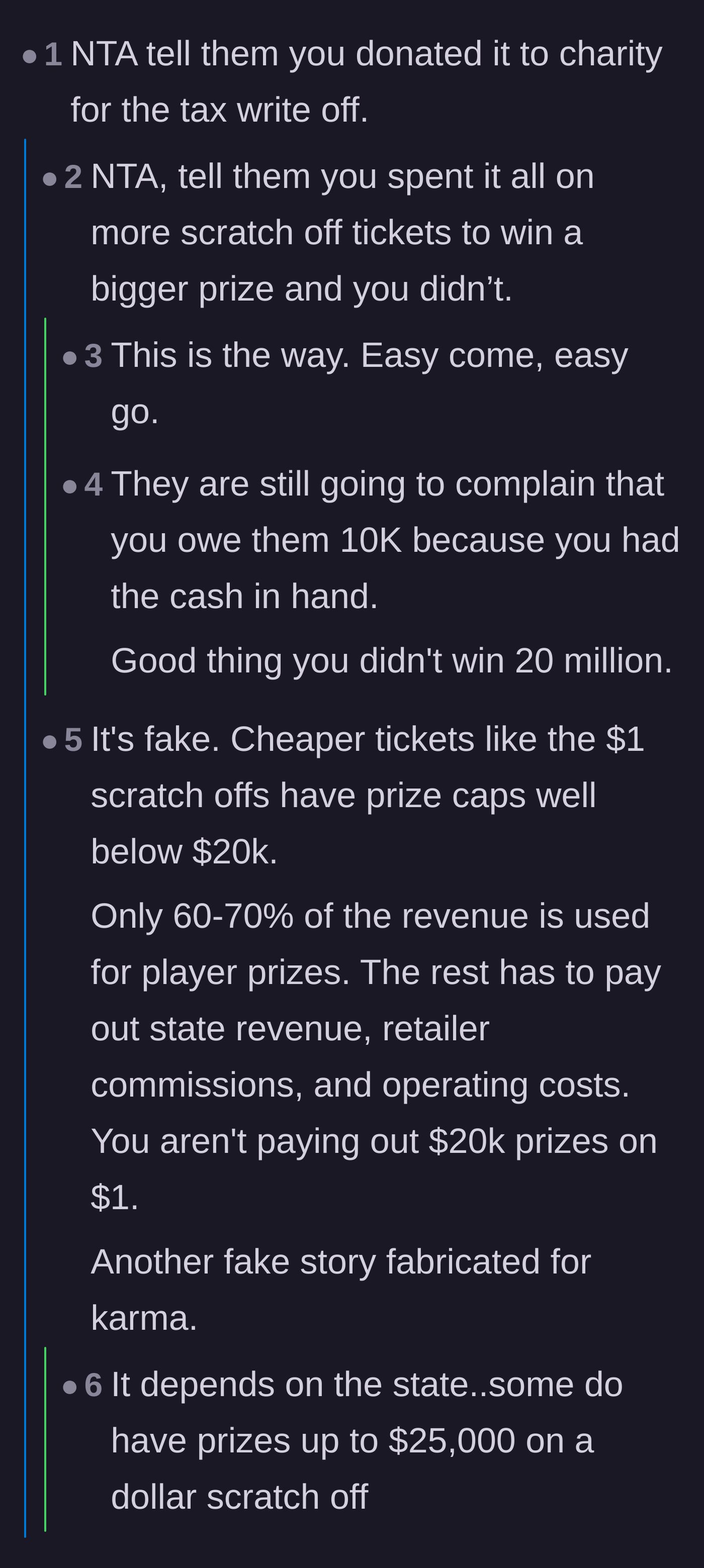 Comment thread 1 - Readers advise the author to lie and say he blew all the winnings on more tickets or donated it.