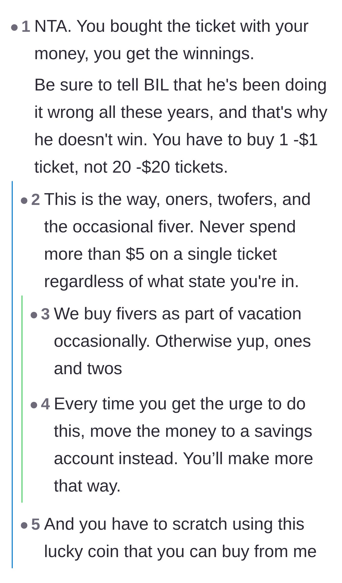 Comment thread 2 - A debate on the best strategy for buying lottery tickets and pointing out the brother-in-law's flawed logic.