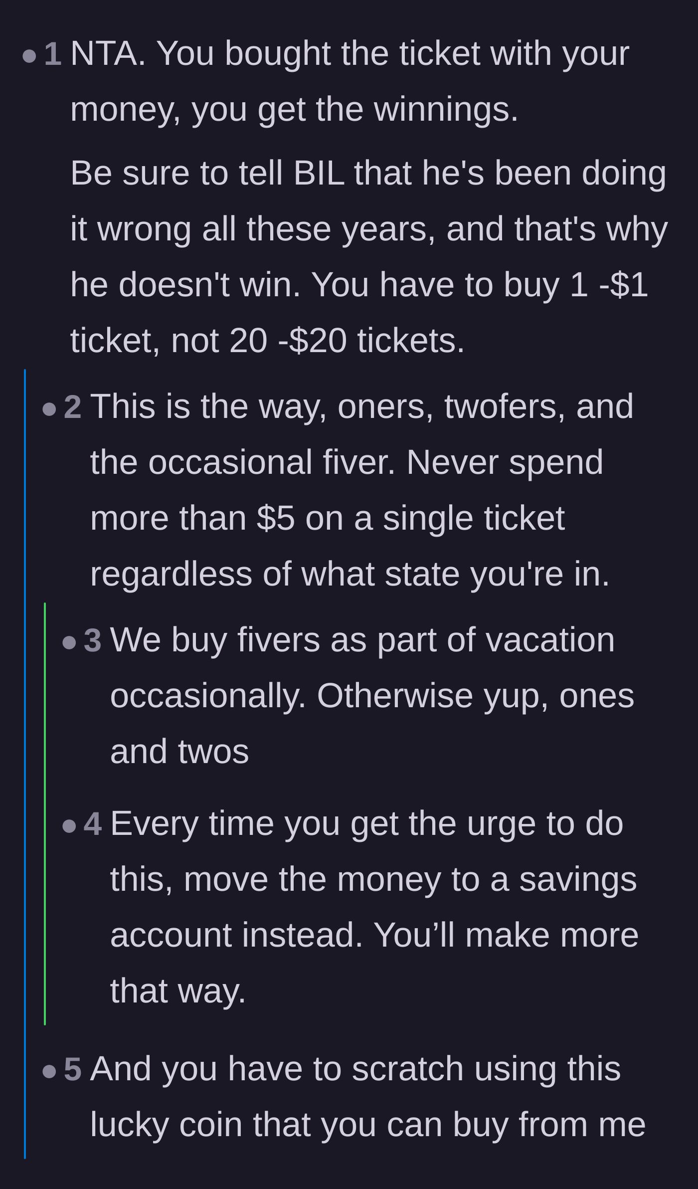 Comment thread 2 - A debate on the best strategy for buying lottery tickets and pointing out the brother-in-law's flawed logic.