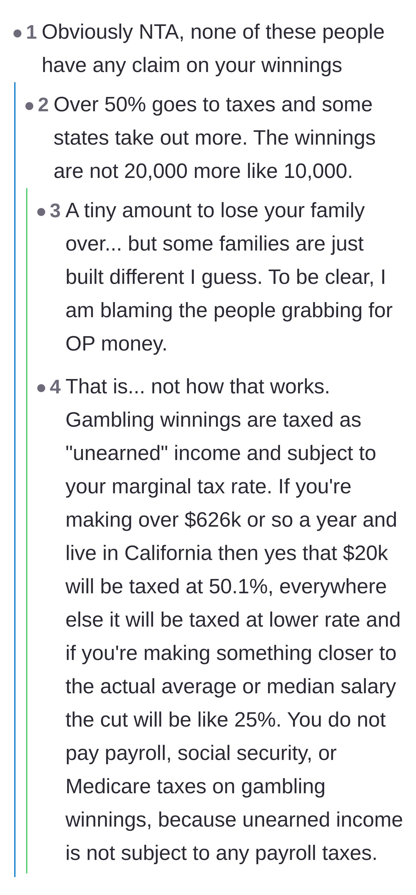 Comment thread 3 - Discussion on how gambling winnings are taxed and how easily money destroys family ties.