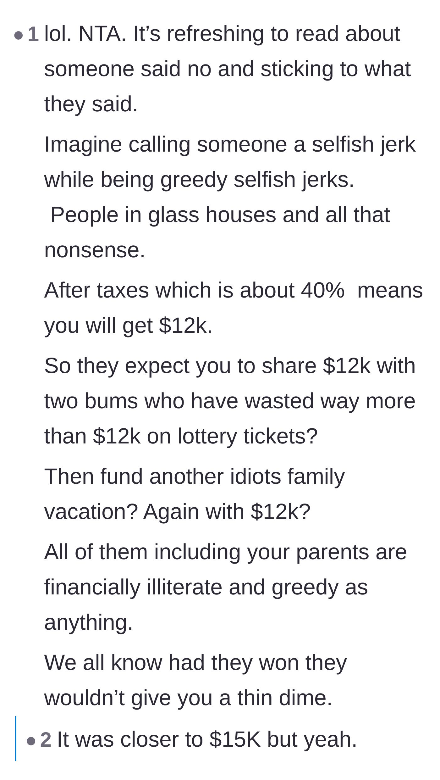 Comment thread 4 - Calculating the after-tax payout and pointing out that the family is essentially demanding the entire net profit.