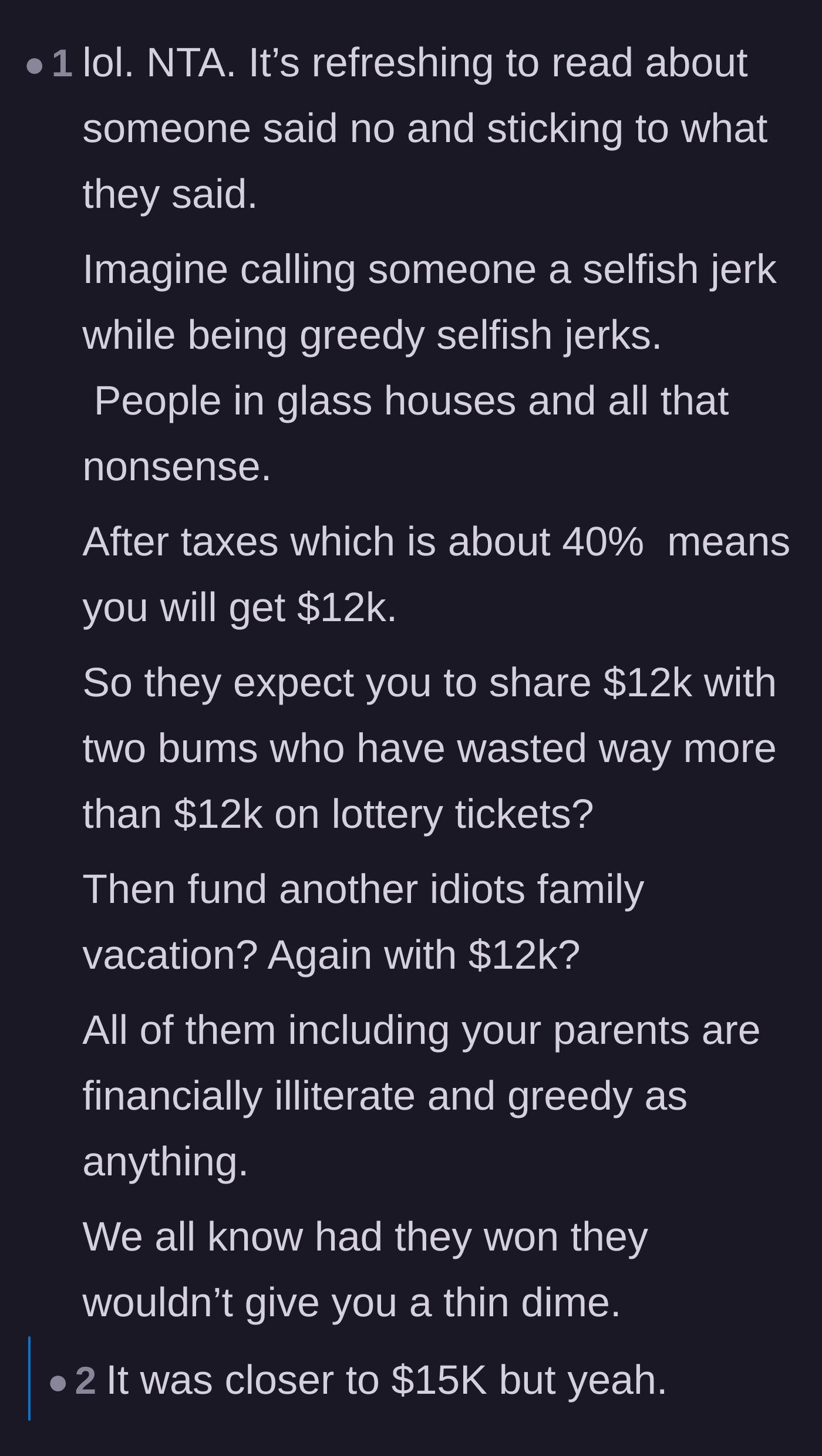 Comment thread 4 - Calculating the after-tax payout and pointing out that the family is essentially demanding the entire net profit.