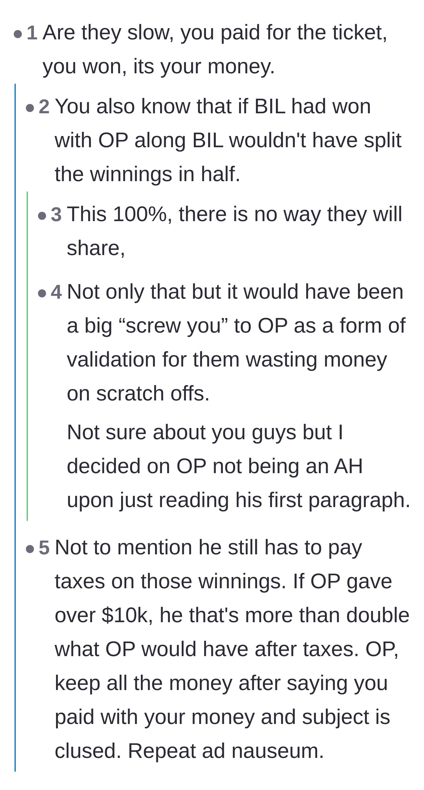 Comment thread 5 - Readers point out the obvious double standard that the brother-in-law would never have shared a jackpot.