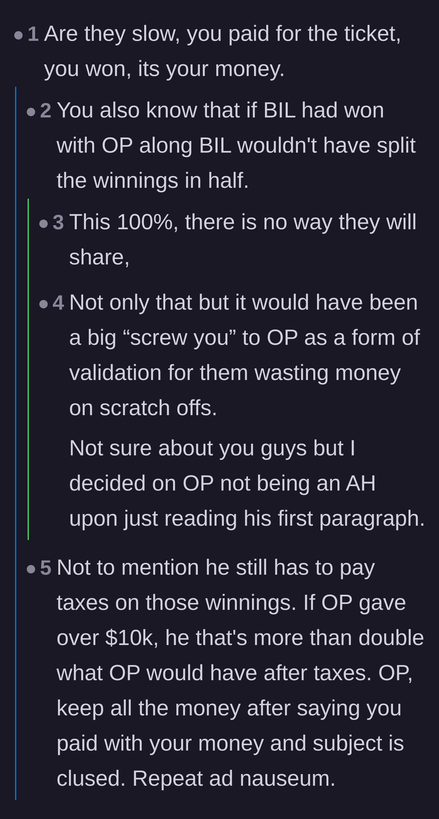 Comment thread 5 - Readers point out the obvious double standard that the brother-in-law would never have shared a jackpot.