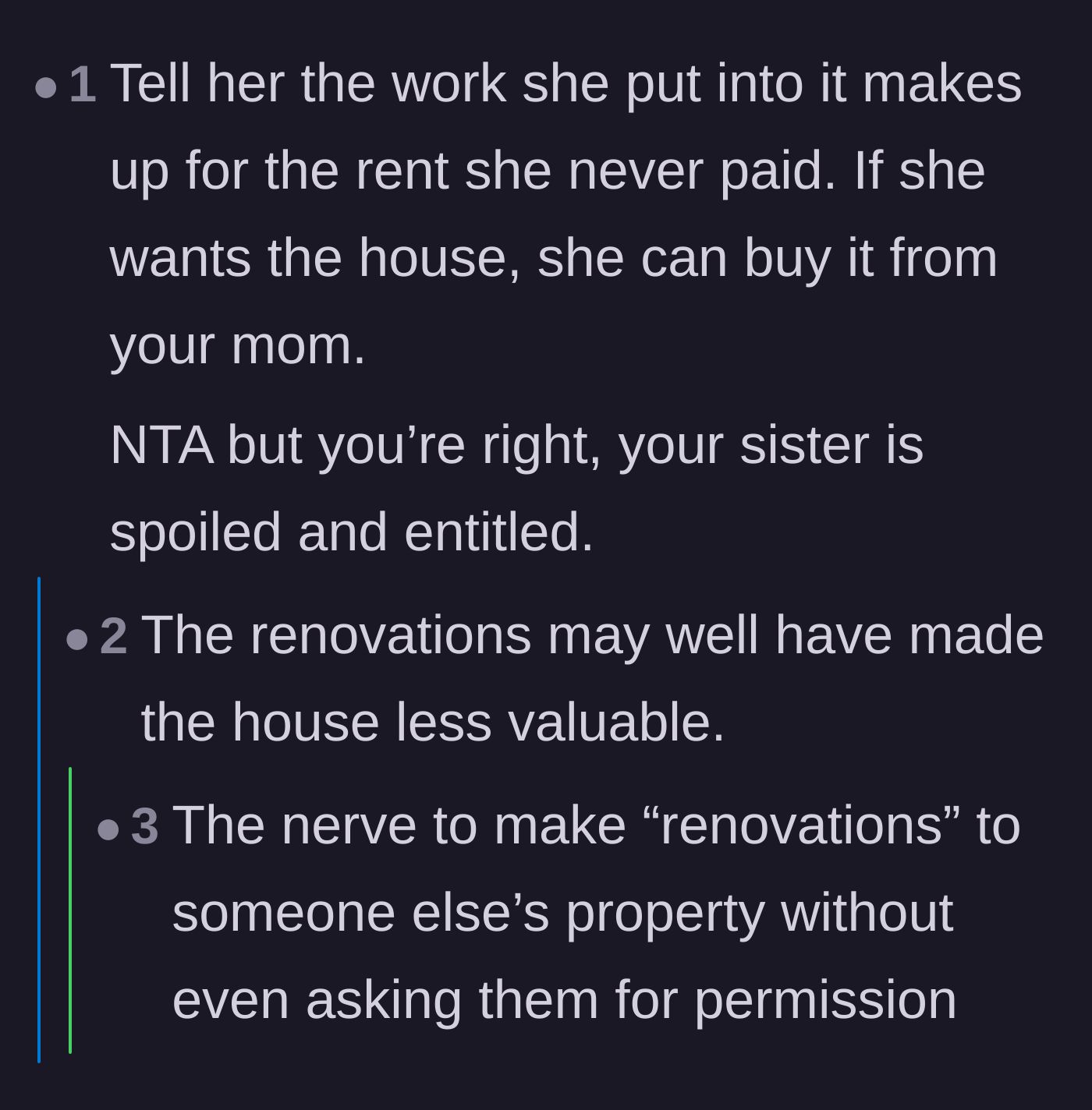 Comment thread 2 - Pointing out that four years of free rent cancels out any DIY renovations, which might have actually ruined the property value.