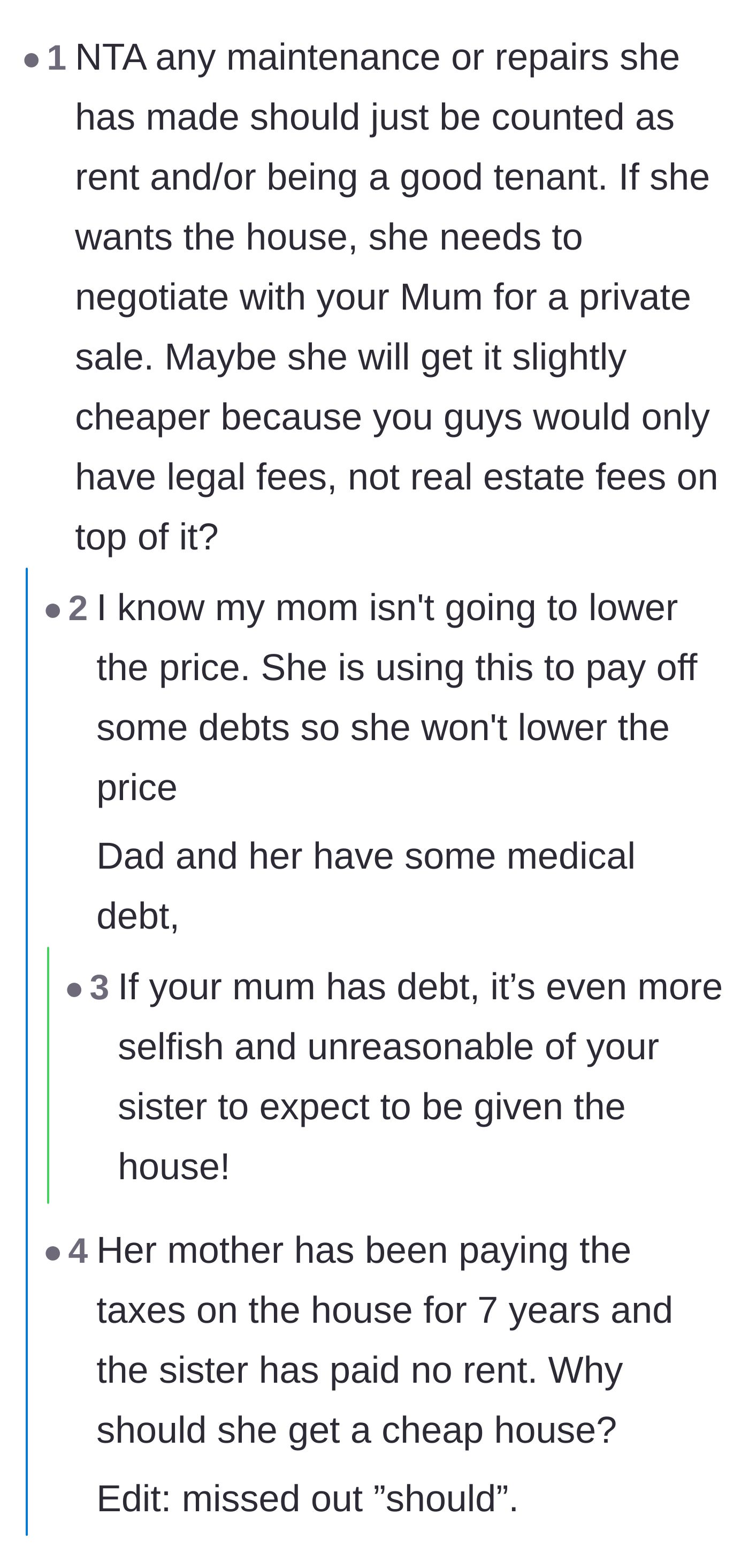 Comment thread 6 - Revealing that the parents are selling the house to pay off medical debt, making the sister's demands even more outrageous.