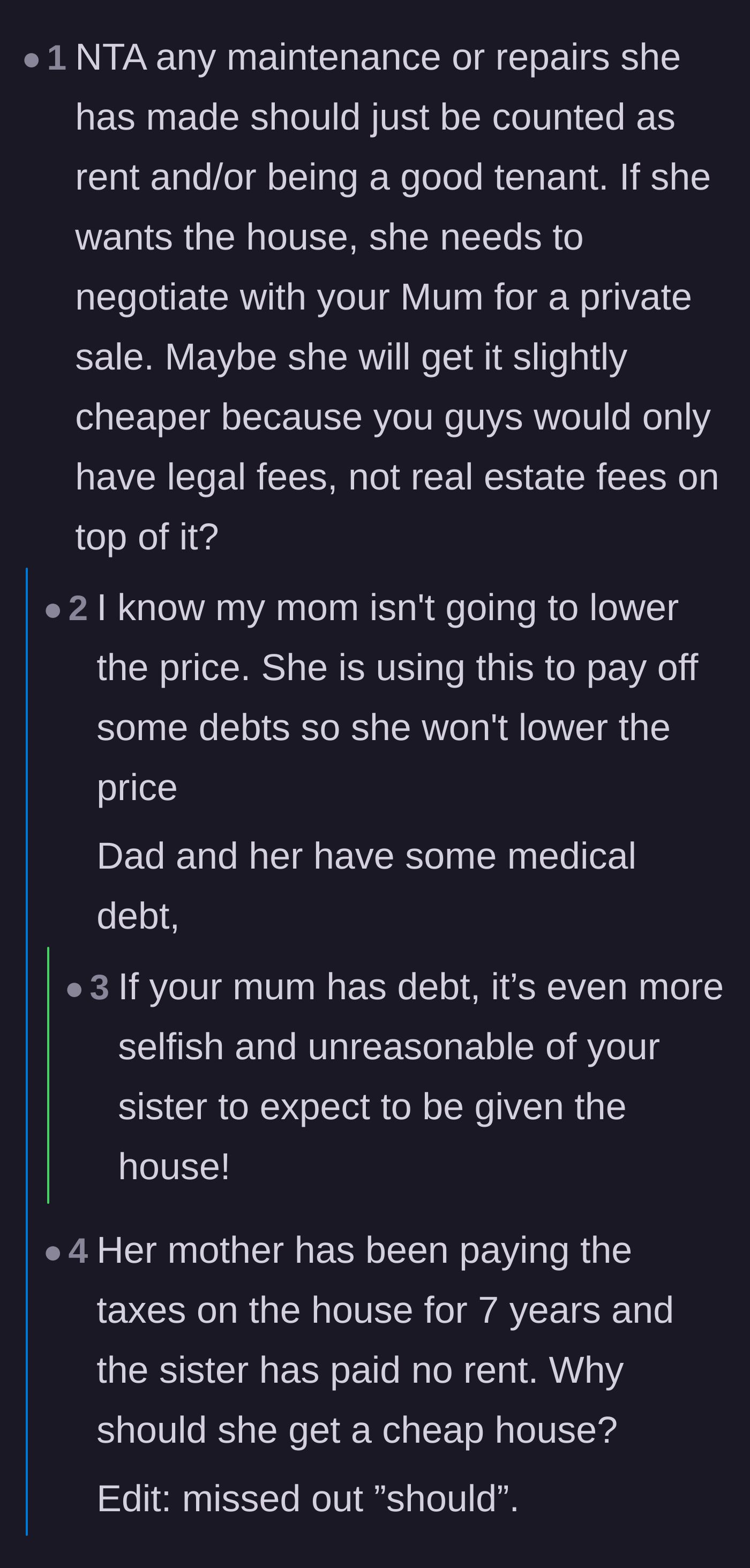 Comment thread 6 - Revealing that the parents are selling the house to pay off medical debt, making the sister's demands even more outrageous.