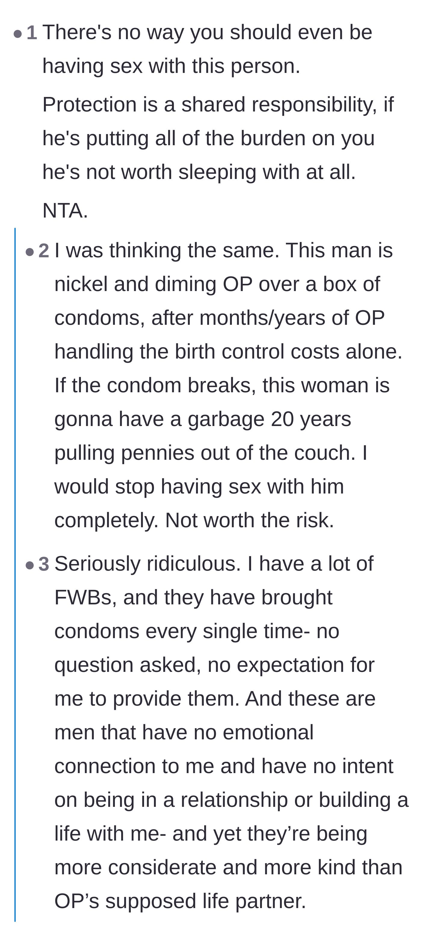 Comment thread 1 - Readers dissecting the boyfriend's nickel-and-diming and suggesting abstinence as the ultimate cost-saving measure.