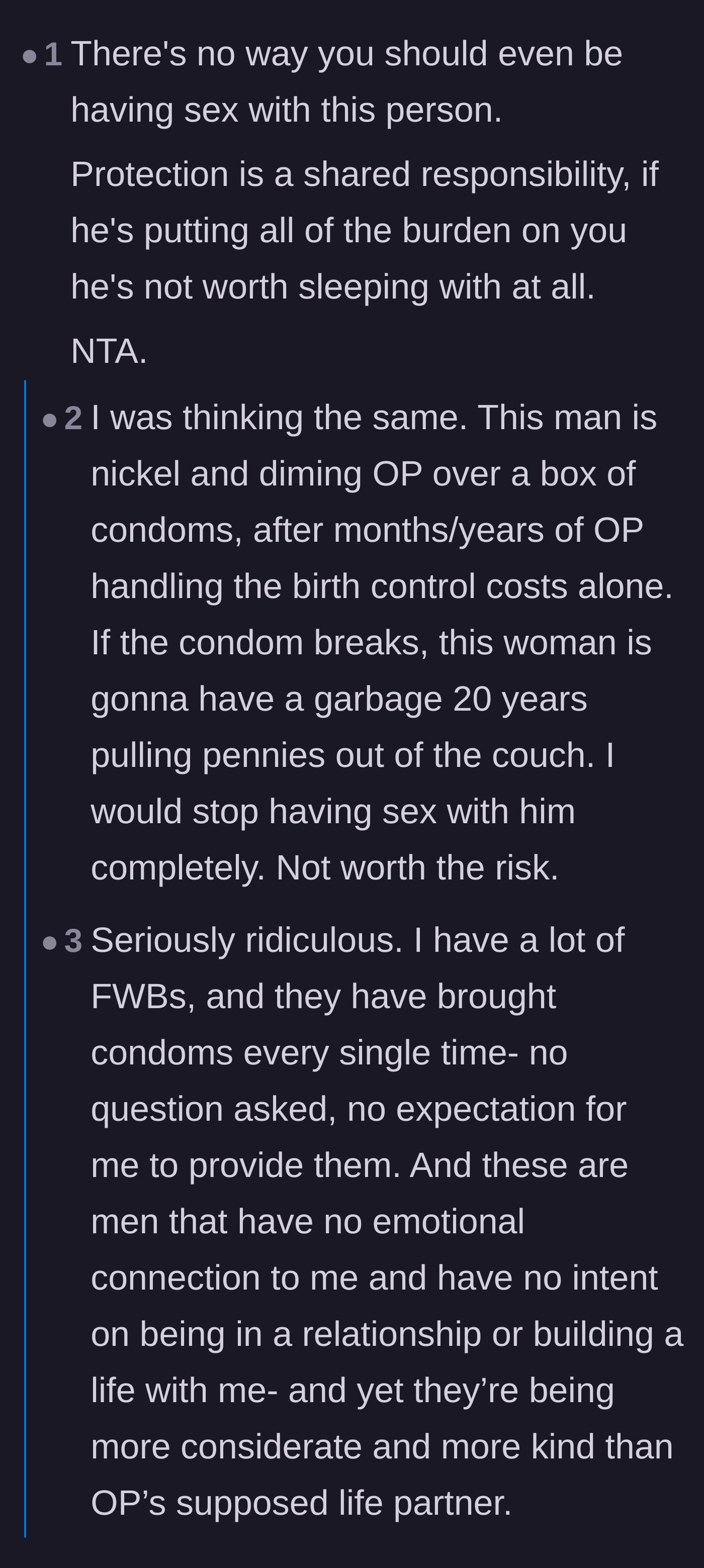 Comment thread 1 - Readers dissecting the boyfriend's nickel-and-diming and suggesting abstinence as the ultimate cost-saving measure.