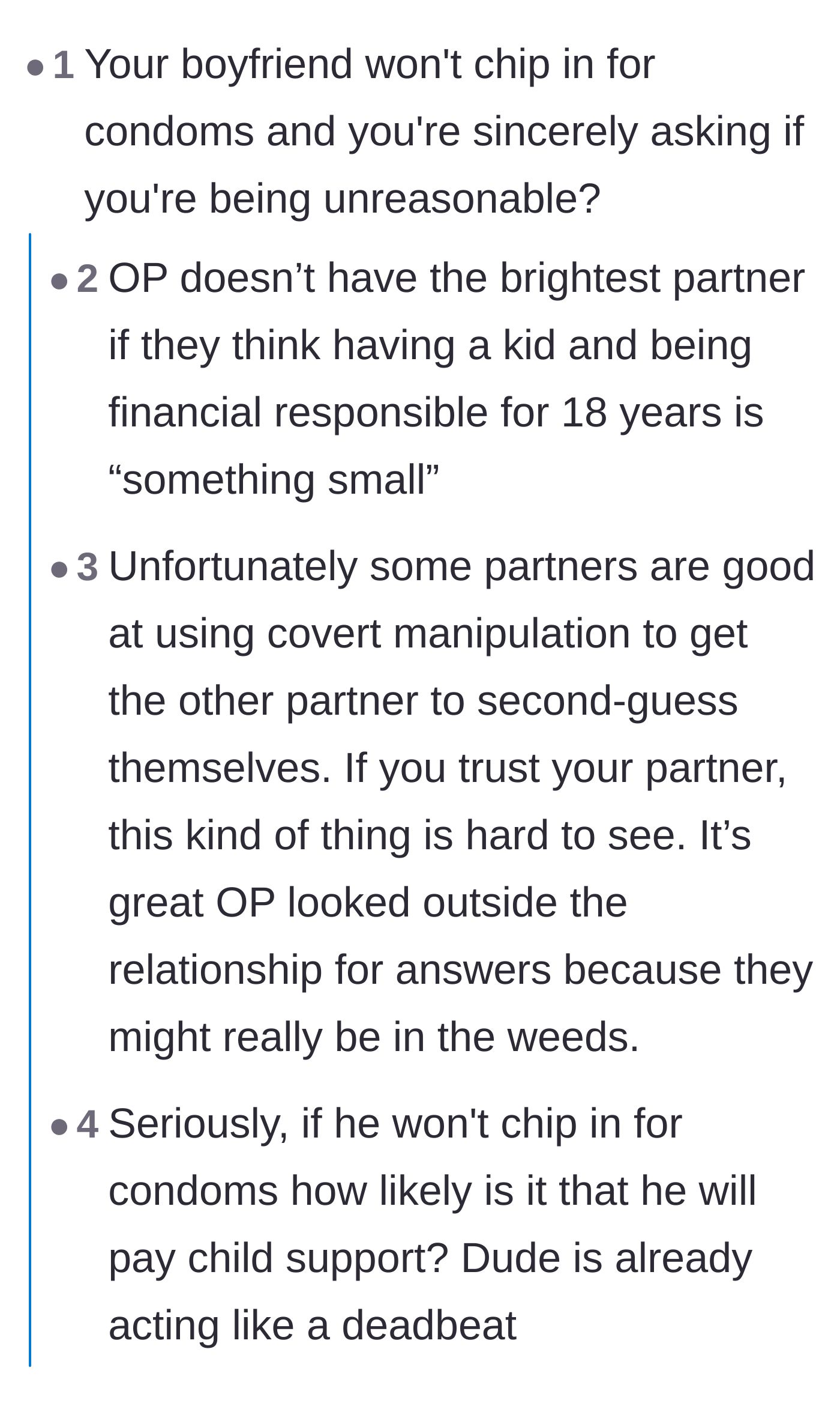 Comment thread 2 - Discussion about the boyfriend's covert manipulation and how it causes the girlfriend to second-guess a completely logical request.
