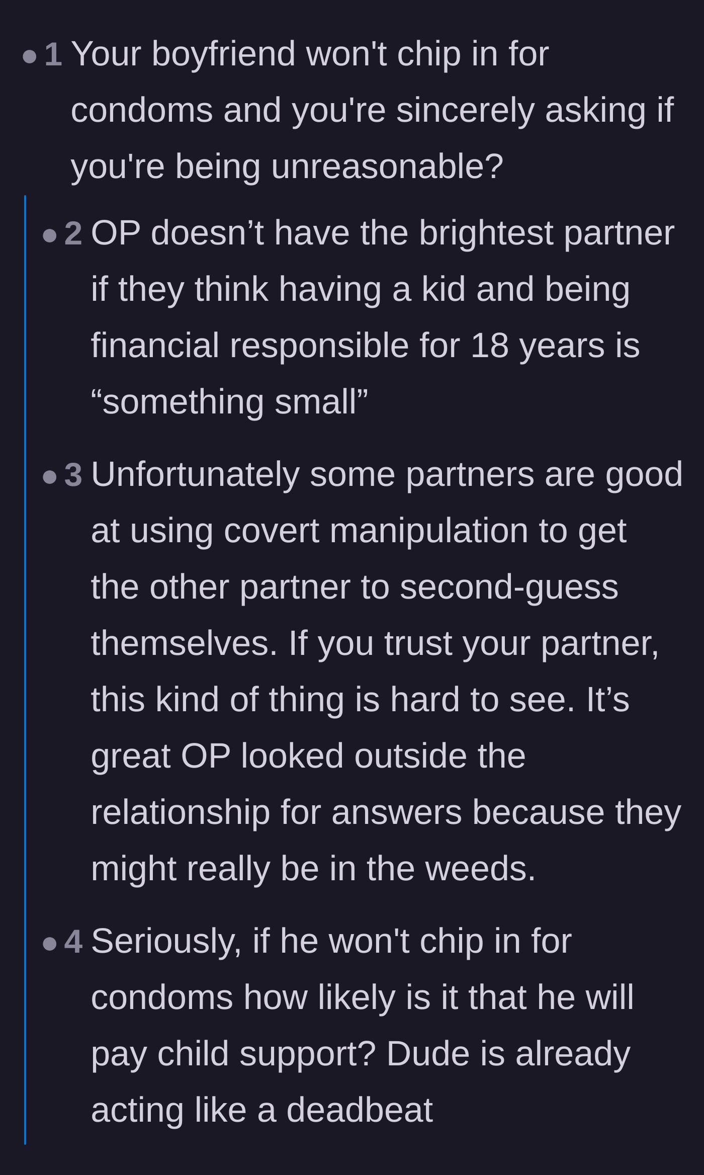Comment thread 2 - Discussion about the boyfriend's covert manipulation and how it causes the girlfriend to second-guess a completely logical request.