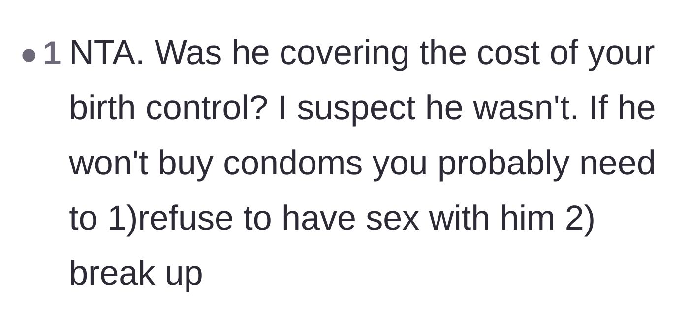 Comment thread 3 - A commenter asking if the boyfriend ever split the cost of her birth control pills and advising a breakup.