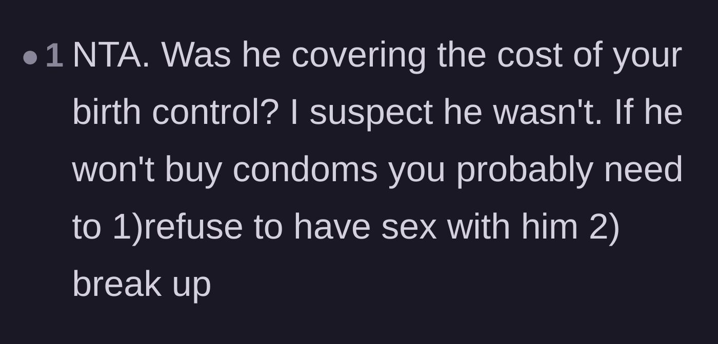 Comment thread 3 - A commenter asking if the boyfriend ever split the cost of her birth control pills and advising a breakup.