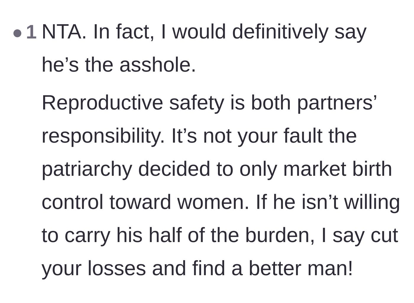 Comment thread 5 - Analysis of how the patriarchy shifts the burden of reproductive safety onto women, making the boyfriend the clear villain.