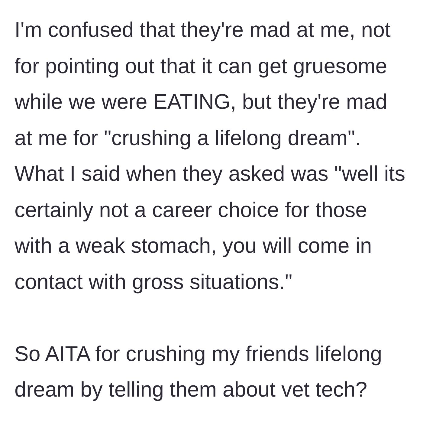 Story part 5 - The main character questioning why a mild warning was framed as destroying a lifelong dream.