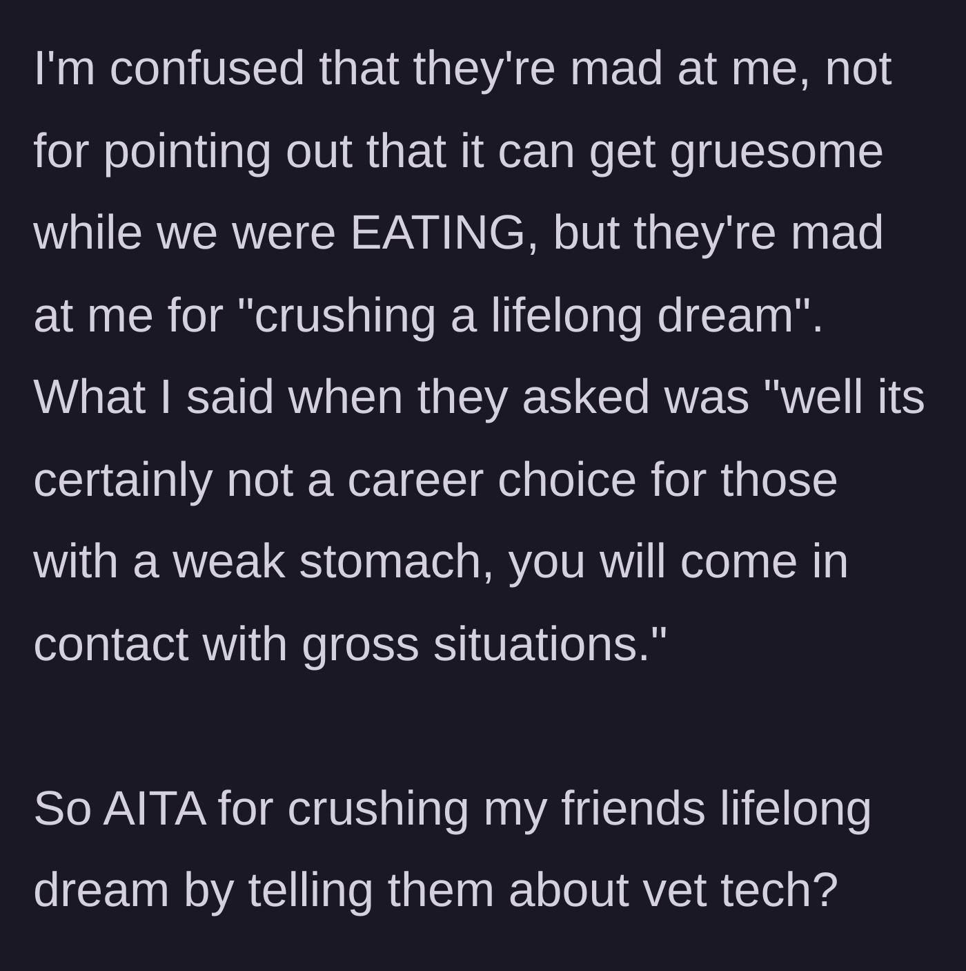 Story part 5 - The main character questioning why a mild warning was framed as destroying a lifelong dream.