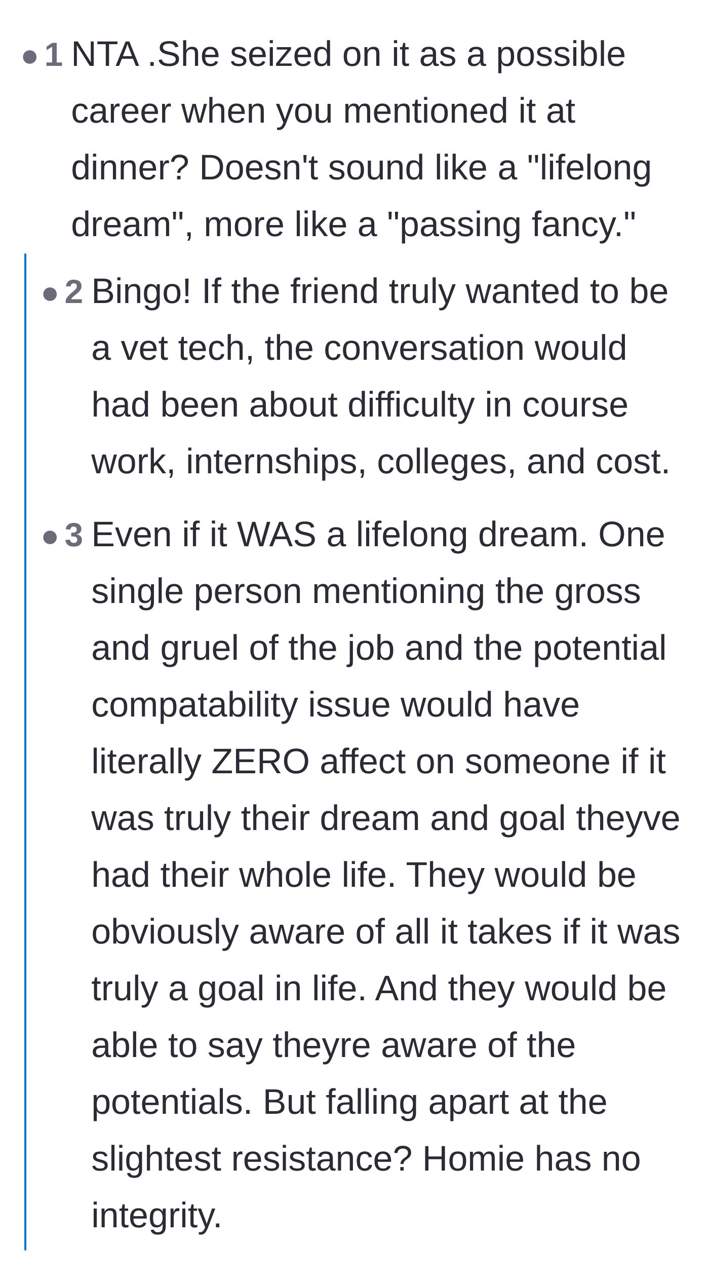 Comment thread 1 - Readers mocking the friend's claim that a spontaneous idea at dinner was a lifelong dream.