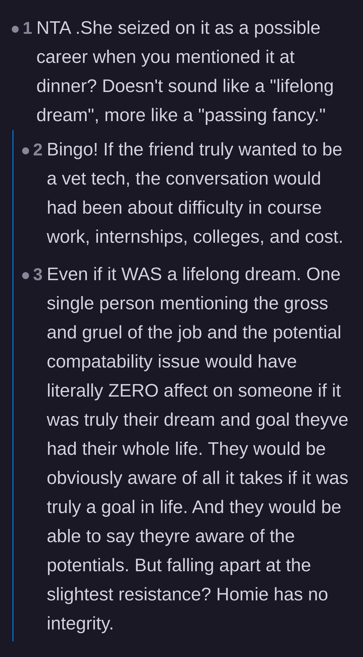 Comment thread 1 - Readers mocking the friend's claim that a spontaneous idea at dinner was a lifelong dream.