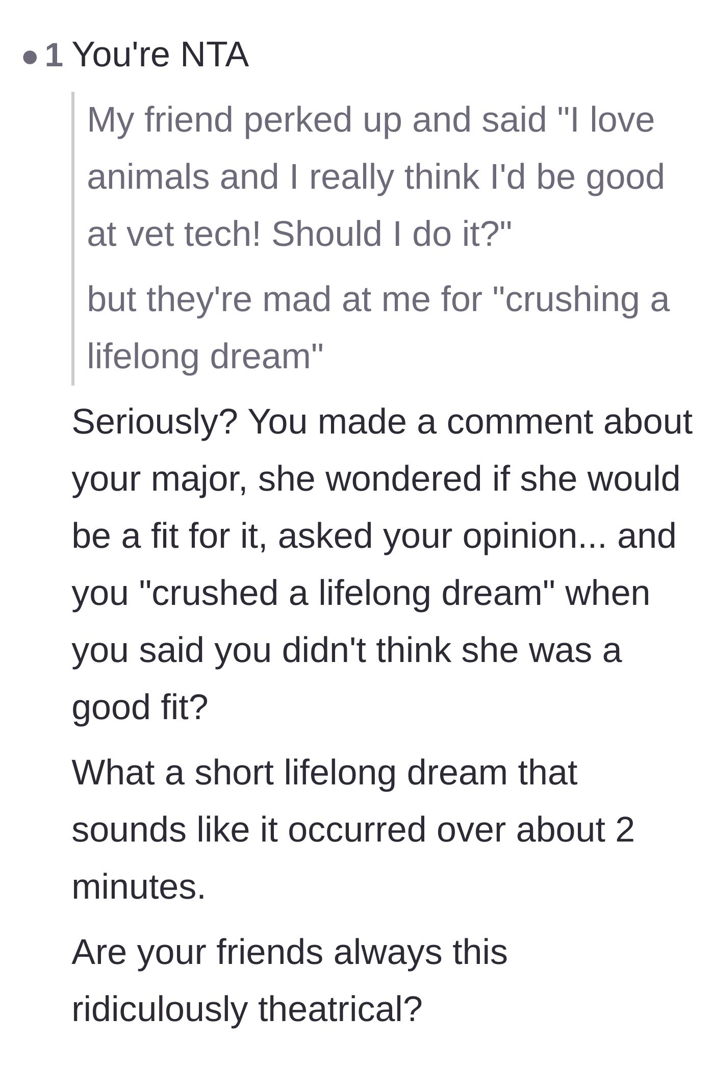 Comment thread 3 - A commenter questioning the theatrical and exaggerated reaction of the friend group over a mild opinion.