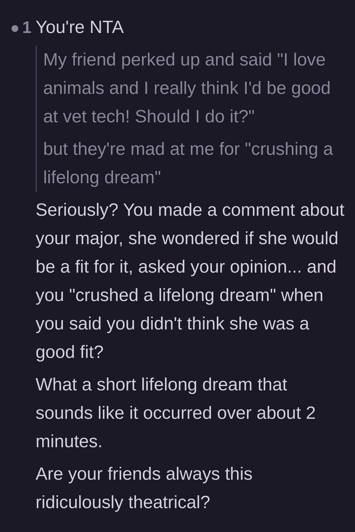 Comment thread 3 - A commenter questioning the theatrical and exaggerated reaction of the friend group over a mild opinion.