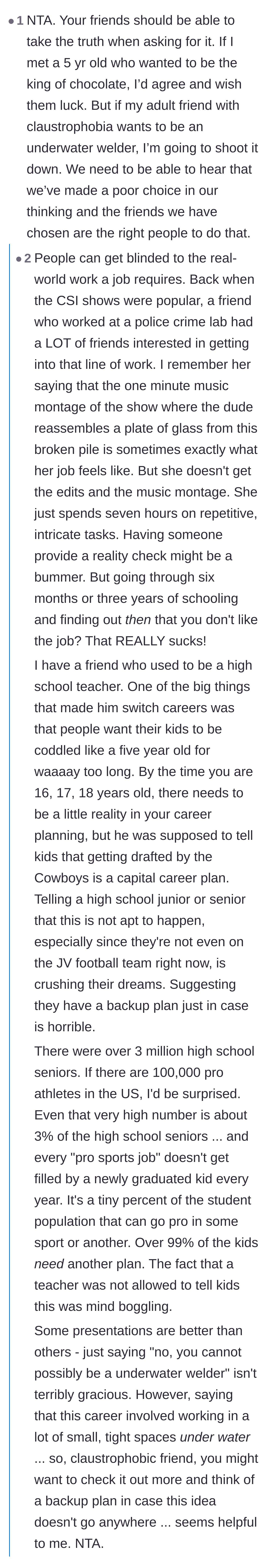 Comment thread 5 - Analogies about why friends need to give honest reality checks, including a story about a friend who broke down over a dead squirrel.