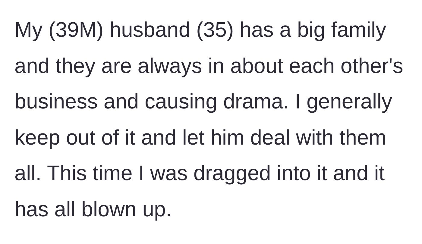 Story part 1 - Introduction to the husband's drama-filled extended family and the main character's usual strategy of avoidance.