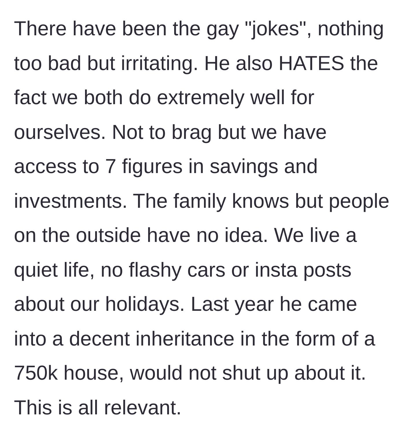 Story part 3 - Detailing the villain's casual homophobia, jealousy over the couple's quiet wealth, and a recent massive inheritance.