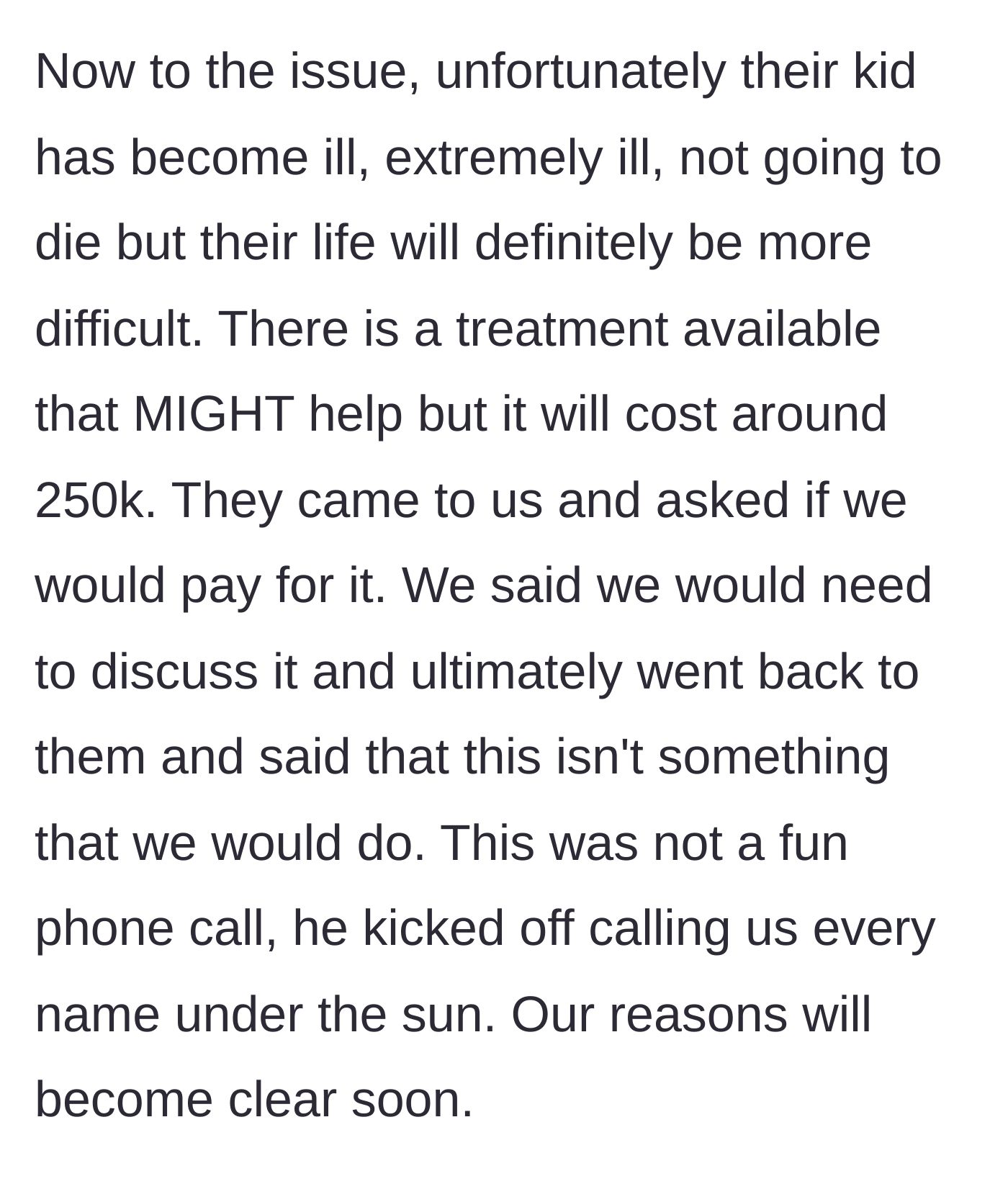 Story part 4 - The cousin demands a massive sum for their child's medical treatment and verbally attacks the couple when they politely decline.