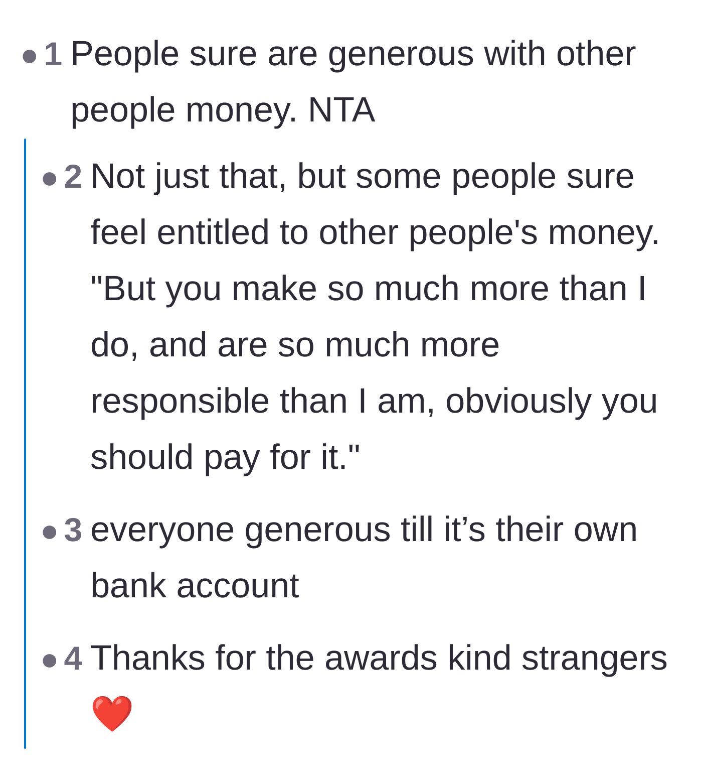 Comment thread 1 - Discussing how easily people volunteer to spend someone else's savings.